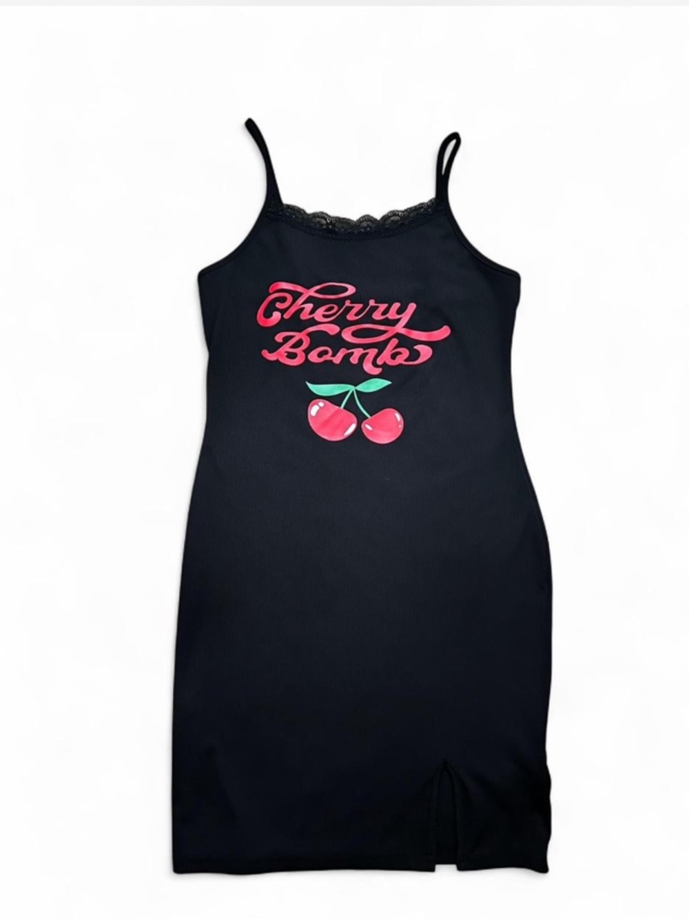 YOZY Cherry Bomb Black Lace Trim Slip Dress Spaghetti Strap Graphic Mini Size L